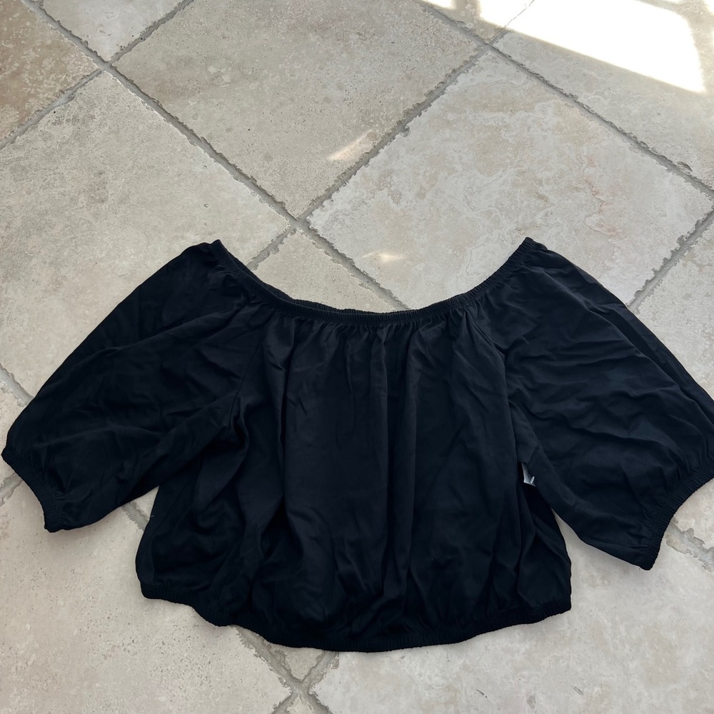 Old Navy Womens XXL Off Shoulder Cotton Peasant Cropped Top Black Puff Sleeve